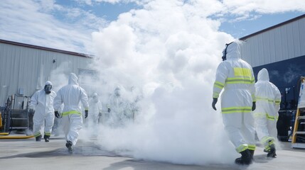 Team in Protective Suits Conducting Safety Operations amid Industrial Smoke