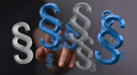 3D rendering of paragraph symbols linked together, symbolizing legal connections and complexity.