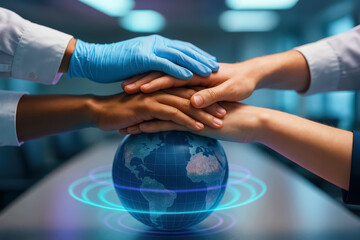 Diverse hands in medical gloves and bare skin united over glowing globe, symbolizing unity in healthcare and community support