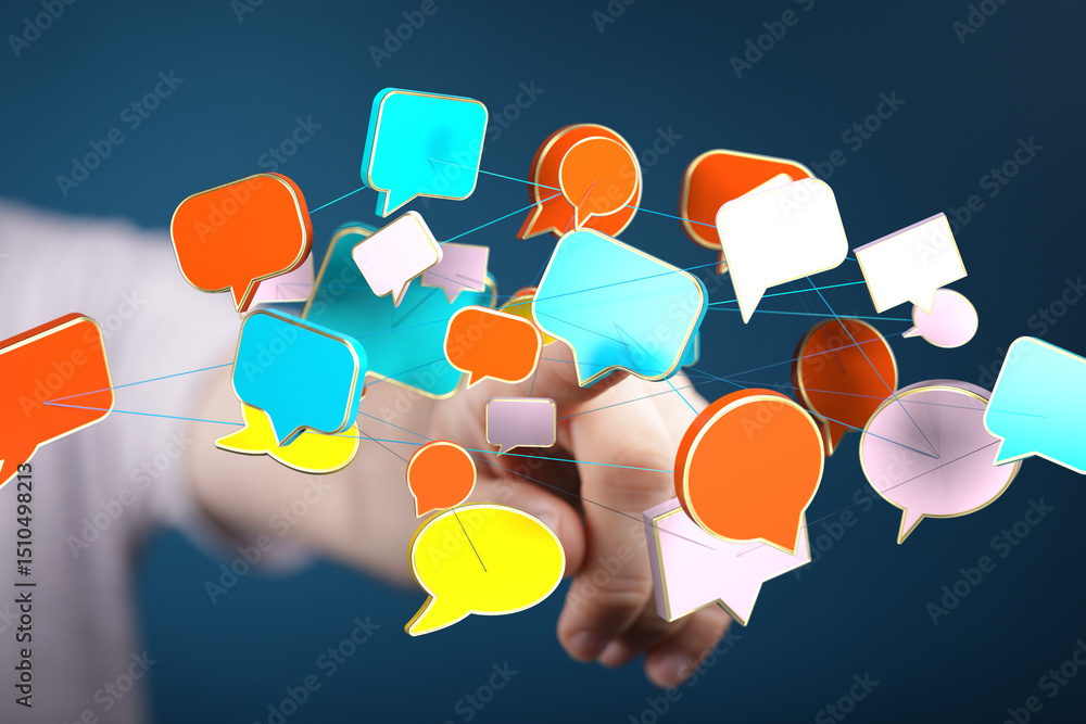 Poster abstract image of interconnected speech bubbles symbolizing global communication and networking.