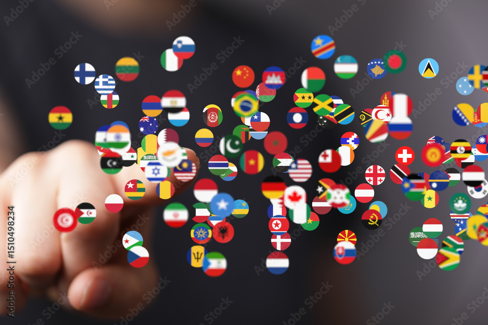 Poster abstract image of a hand interacting with floating flags representing global connectivity and intern