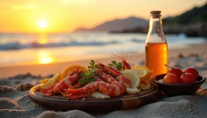 A delicious seafood feast enjoyed on a sandy beach at sunset The vibrant colors of the food contrast beautifully with the golden hour light and ocean backdrop , crab, seafood, beautiful