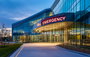 Modern hospital emergency entrance illuminated at dusk