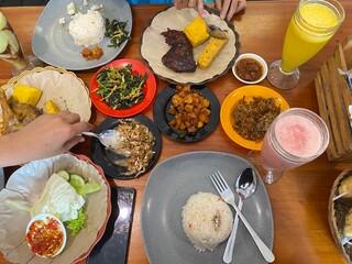 Indonesia taditional food (Karedok, Gepuk, Flower & Leaf of Papaya, sambal dadak etc)