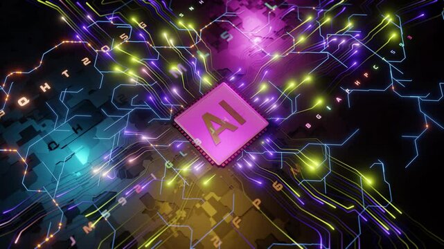 未来の高度な技術と革新を象徴する回路基板上のAIマイクロチップ