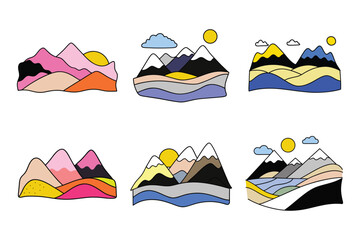 Set of hand drawn abstract mountains vector illustration on white background.