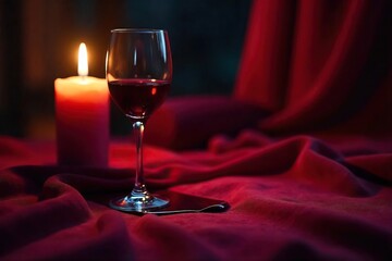 Close-up of a dimly lit, luxurious interior featuring plush velvet textures, a single flickering candle, and a spilled glass of red wine, hinting at a night of passion , intimacy, textures