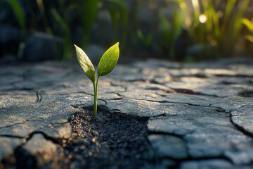 A vibrant green sprout emerging from cracked earth