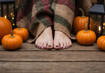 Feet with dark purple pedicure wrapped in blanket surrounded by pumpkins on autumn porch