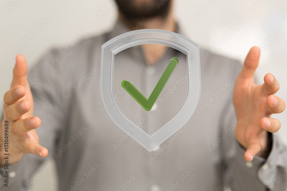 Poster high-quality image depicting a checkmark inside a shield, symbolizing security and protection.