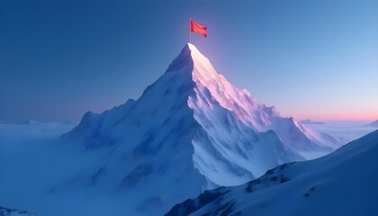 Red Flag on Snowy Mountain Peak at Sunrise, Success, Achievement, and Motivation Concept