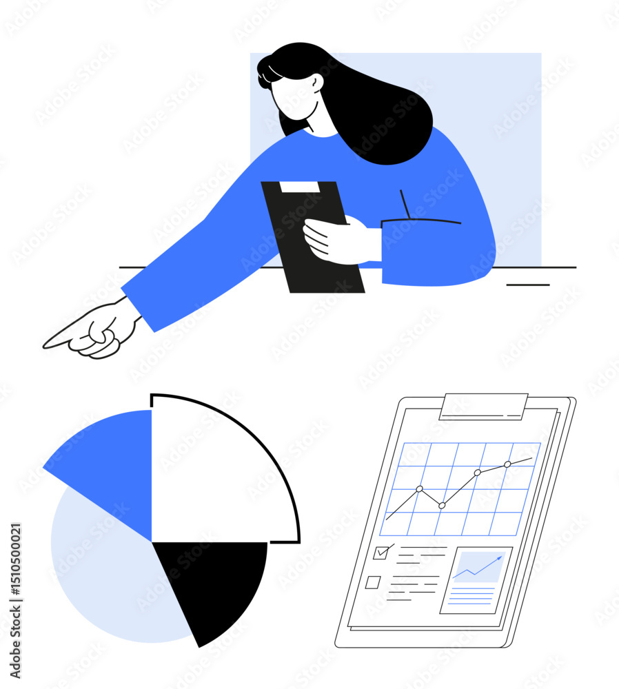 Aufkleber woman reviewing clipboard while pointing at data analysis, highlighted by pie chart and graph. ideal