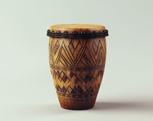 A photorealistic wooden conga drum with African tribal patterns, isolated on a white background, product photography