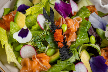 Mediterranean Avocado Salmon Salad with spinach, cherry tomatoes, avocado and red onion dressing. Concept for a tasty and healthy meal. Vegan food