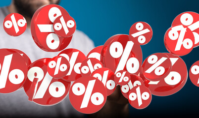 3D rendered image of red percentage symbols floating around a person, perfect for illustrating...