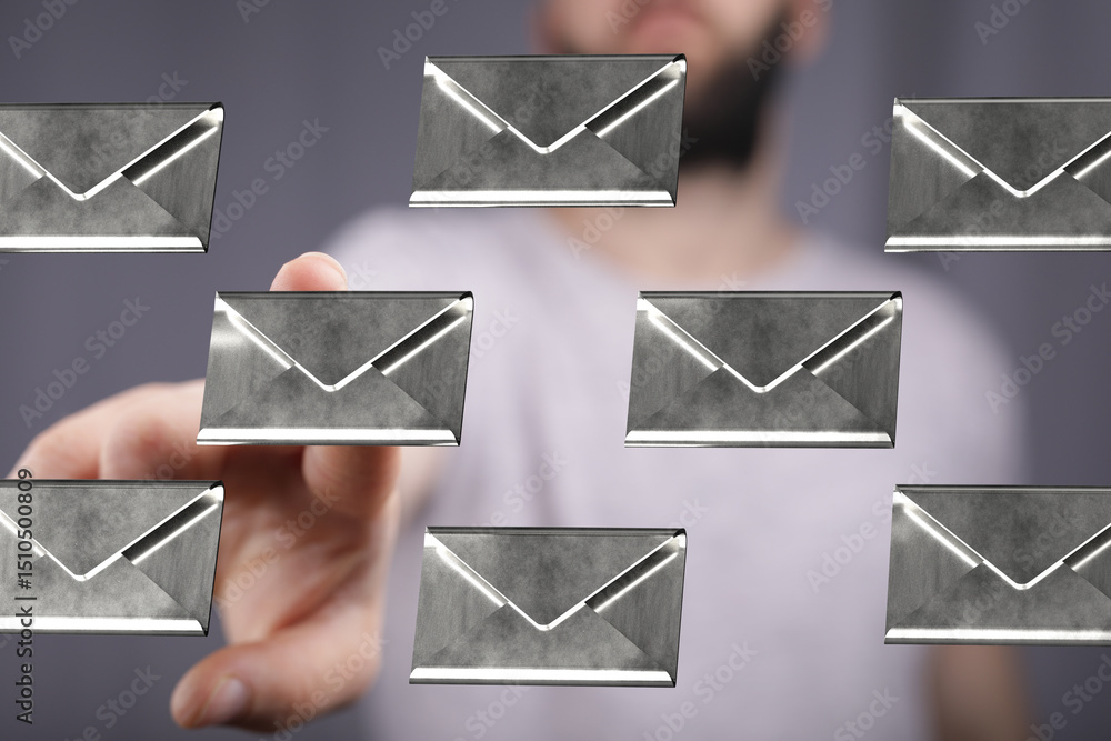 Poster stock photo of a man's hand reaching towards multiple email icons, representing digital communicatio