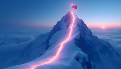 Path to Success on Mountain Peak with Glowing Trail and Red Flag