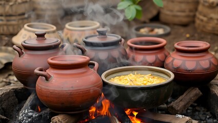 African clay cooking pots with visible food steam over open fire setup