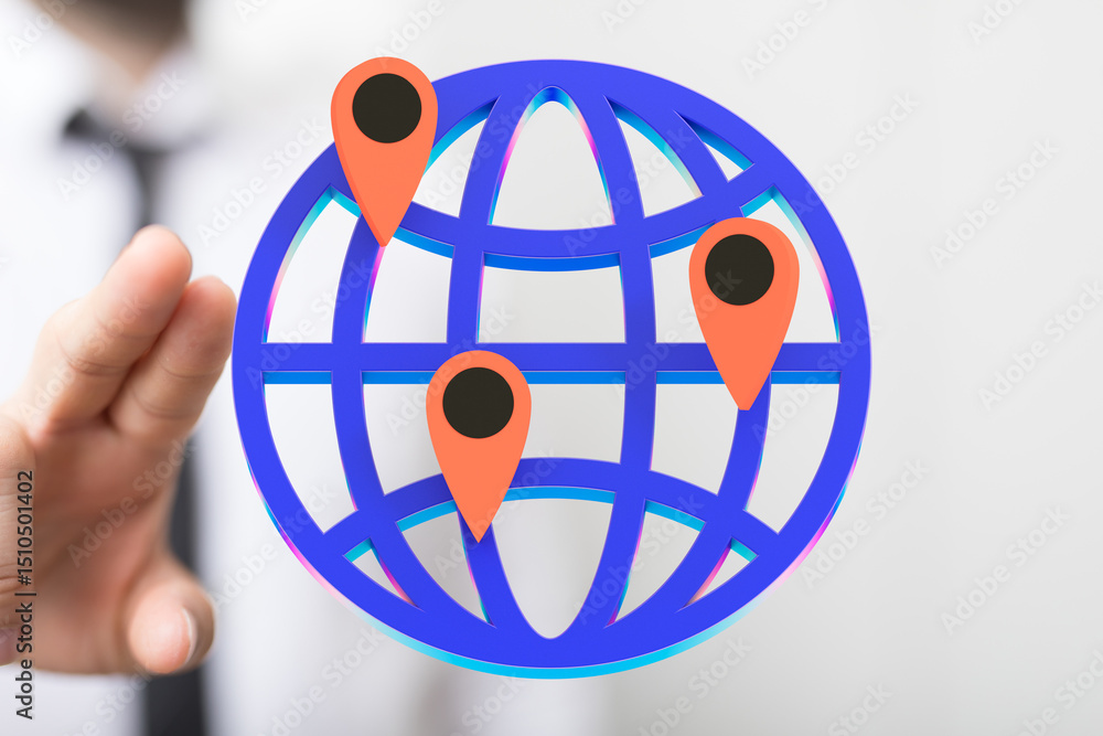 Fototapete Illustrative image of a world map with location markers, representing global connectivity and networking.