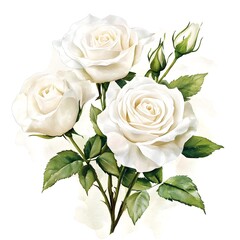 Fototapeta premium Watercolor white roses clipart, watercolor, simple, single object on a flat background, high-resolution vector art, pastel colors, 