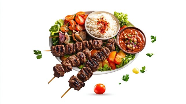 Colorful platter of grilled meat skewers, rice, vegetables, and dipping sauce