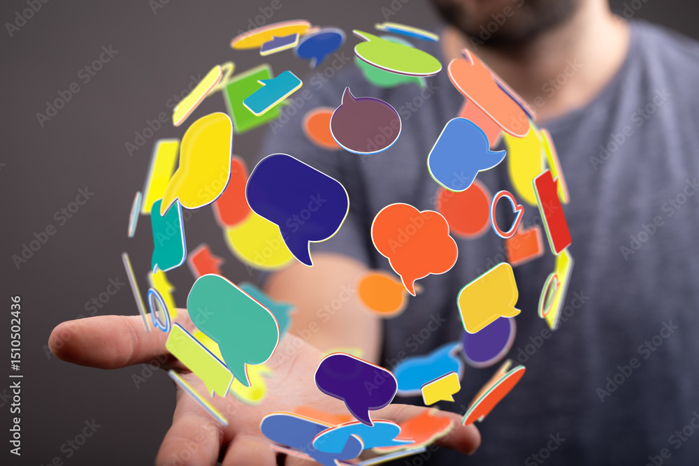 Poster abstract image of colorful speech bubbles representing global communication and connection.