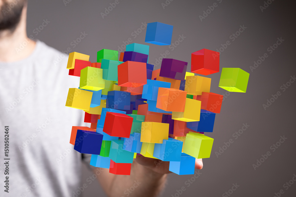 Poster abstract image of colorful cubes symbolizing data, technology, and innovation.