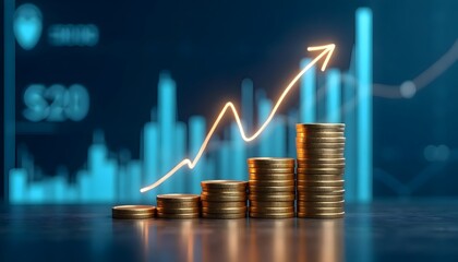 Stacks of Coins with Rising Arrow and Bar Graph, Financial Growth and Investment Concept