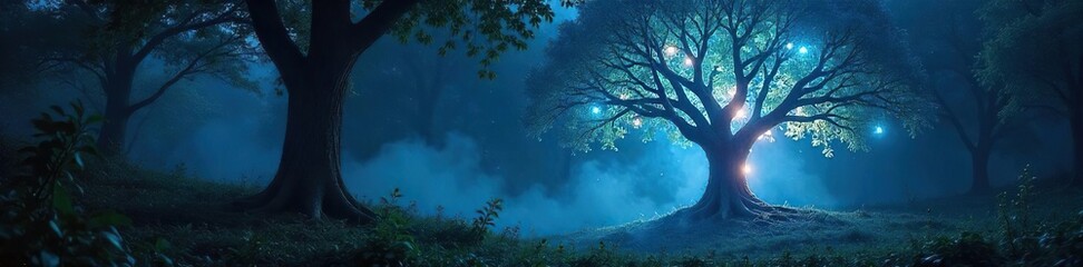 Enchanted forest scene at night, a majestic tree glows with ethereal light, illuminating the surrounding foliage Perfect for fantasy, magical, and mystical themes , fairytale, twilight, dark