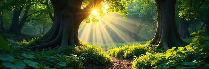 Sun-dappled forest floor, lush undergrowth, ancient trees, dappled sunlight filtering through leaves A sense of untamed wilderness pervades the scene , branches, ground