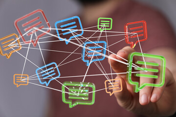 Abstract image of interconnected speech bubbles, representing global communication and networking.