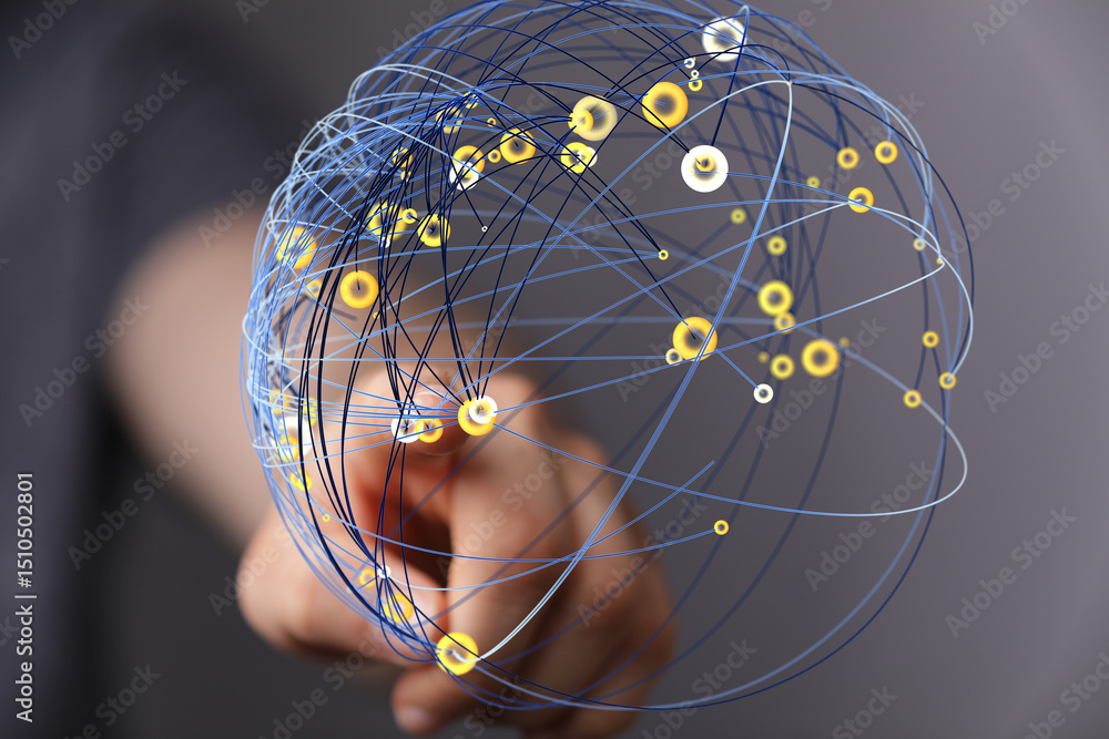 Poster abstract image of a hand interacting with a digital sphere representing global networking and connec