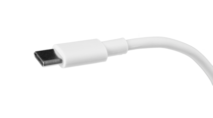 closeup of white USB type C USB-C cable plug isolated on white or transparent png