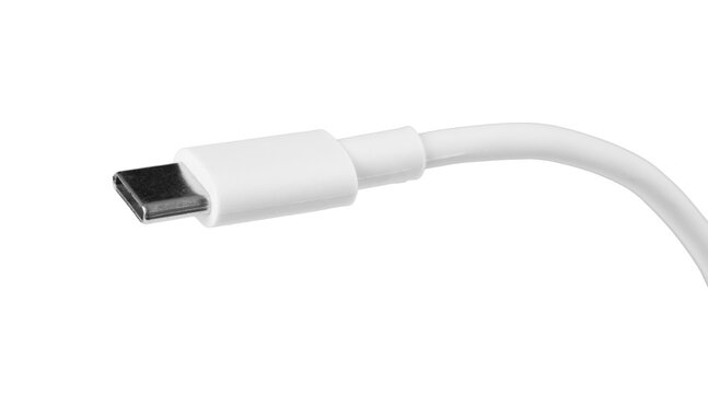 closeup of white USB type C USB-C cable plug isolated on white or transparent png