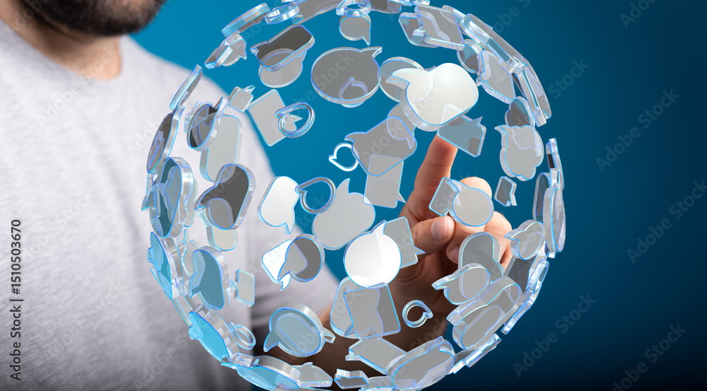 Leinwandbilder man interacts with a digital sphere of communication speech bubbles. global network concept.