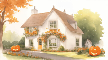 Watercolor painting of English style house or cottage on Halloween