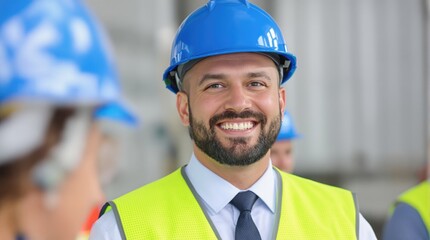 A smiling construction worker in a safety helmet and vest at a job site.