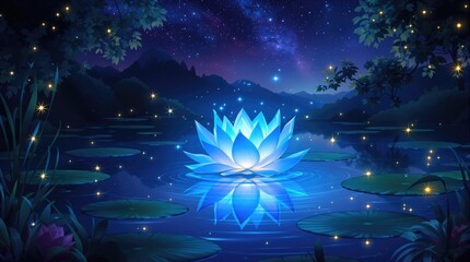 A serene blue lotus flower illuminating a tranquil night pond under starry skies.