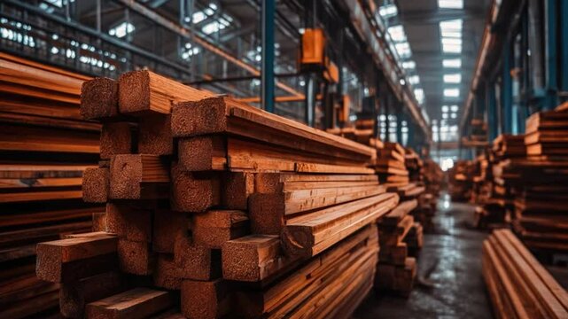 Stacks of Wooden Beams in a Warehouse with Industrial Atmosphere and Natural Light from Skylights