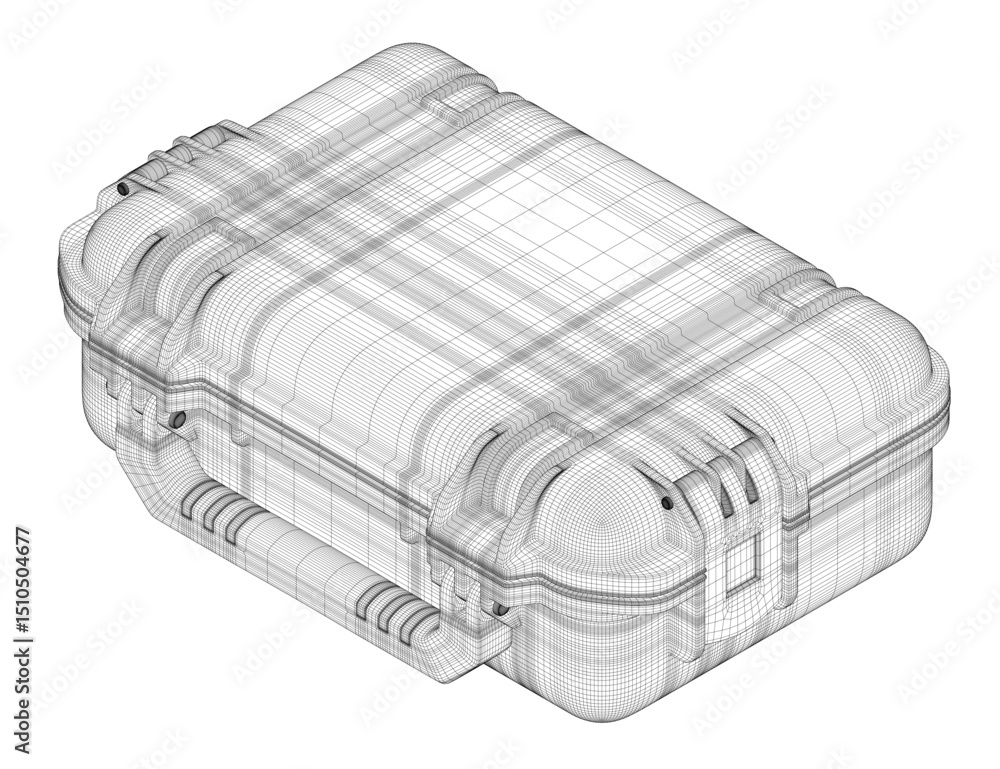 Poster a black and white drawing of a case with a zipper. the case is rectangular and has a handle. isometr