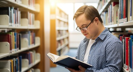 Young man down syndrome glasses checkered shirt reading book library shelves. Male student education learning knowledge development concept