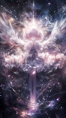 Fototapeta premium Anime illustration of an ethereal celestial being floating among stars and nebulae, fantasy art.