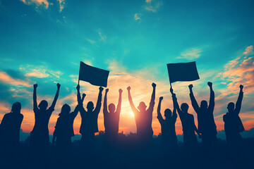 A group of revolutionaries raising their fists silhouette