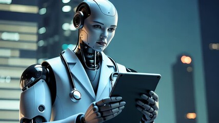 Futuristic humanoid robot doctor wearing a stethoscope and using a tablet in a high-tech city environment with glowing night background

 - Powered by Adobe