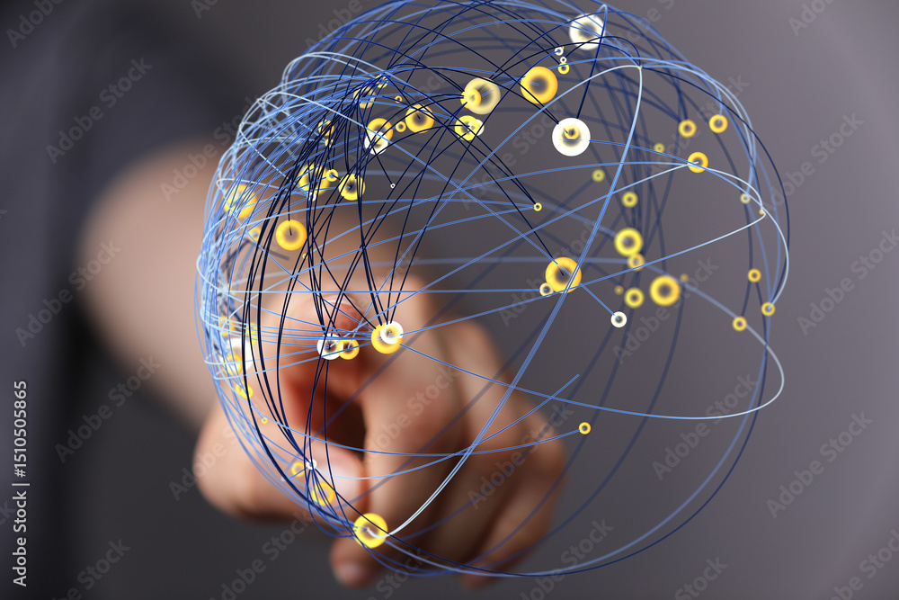 Poster abstract image of a hand interacting with a digital sphere representing global network connections.