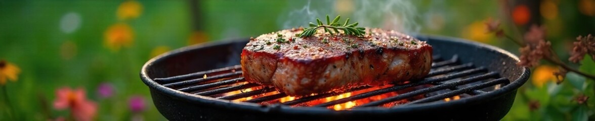 A sizzling steak rests on a grill over glowing embers, surrounded by lush green foliage and wildflowers The perfect blend of nature's beauty and culinary delight , grilling, greenery, countryside