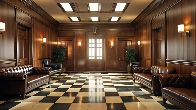 Elegant vintage lobby interior with wooden panel walls, leather sofas, checkered tile flooring, warm ceiling lights, and potted plants

