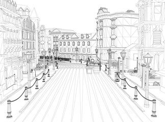Fototapeta premium A street scene with a sidewalk and a row of street lamps. The street is empty and the buildings are tall