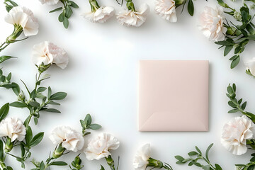 White flowers and greenery frame blank square on white surface