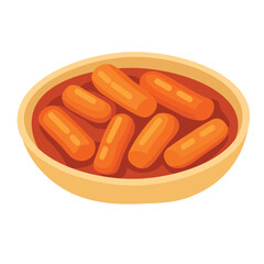 Korean street food with rice cakes in spicy sauce, tasty cartoon vector for snack design.